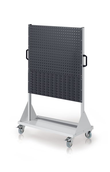 Grauer mobiler Lochwandwagen aus Metall mit Rollen, Griffen und Ablagefläche für die Werkzeugaufbewahrung.