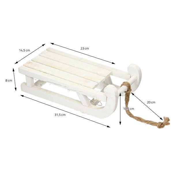 ECD Germany Deko Schlitten aus Holz mit 25 Warmweißen LEDs, 31,5x14,5x10,5 cm, Weiß, Batterriebetrieben, Timer 6 Std., inkl. Schnur, Weihnachtsdeko Weihnachten Dekoration Dekoschlitten Holzschlitten