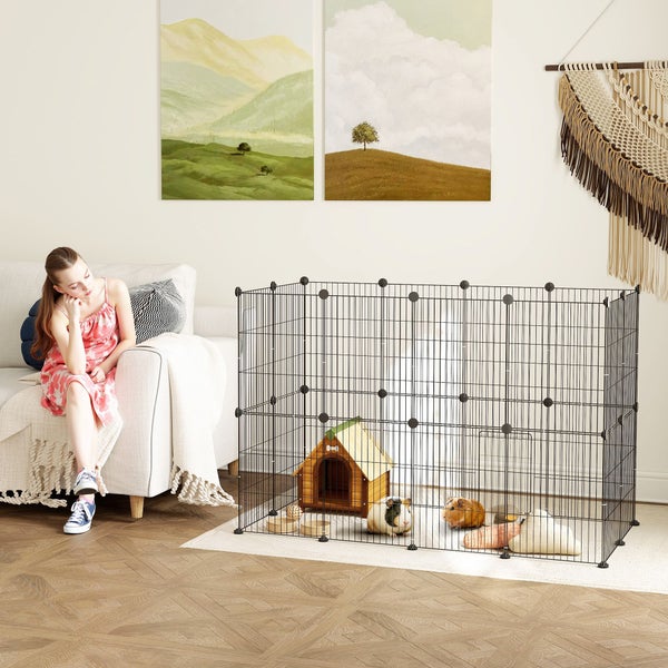 PawHut Freigehege für Kaninchen, Kleintiergehege Freilaufgehege, Meerschweinchen Gehege, Kleintiergehege aus Stahl, Gittergehege inkl. Tür, Indoor, 120 x 60 x 80 cm, Schwarz