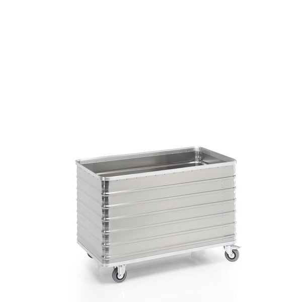 Transportwagen aus Aluminium mit gerippter Struktur und vier Lenkrollen.