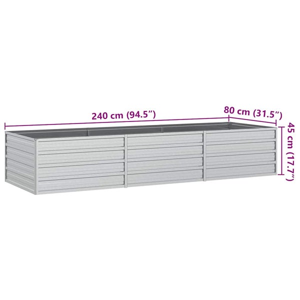 Hochbeet aus Metall, rechteckig, Maße 240 Zentimeter mal 80 Zentimeter mal 45 Zentimeter.