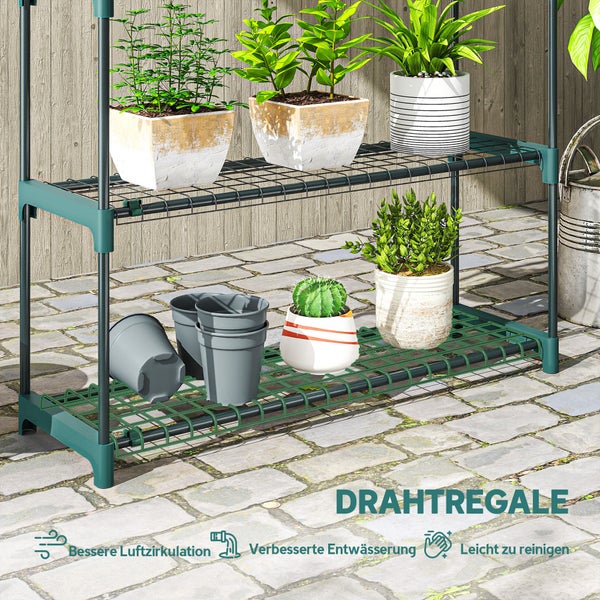 Drahtregal für Pflanzen mit Gitterböden für bessere Luftzirkulation und Entwässerung, leicht zu reinigen, ideal für Garten und Gewächshaus.