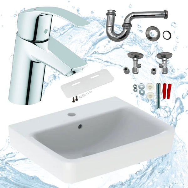 Waschbecken mit Armatur, Siphon und Eckventilen für das Badezimmer