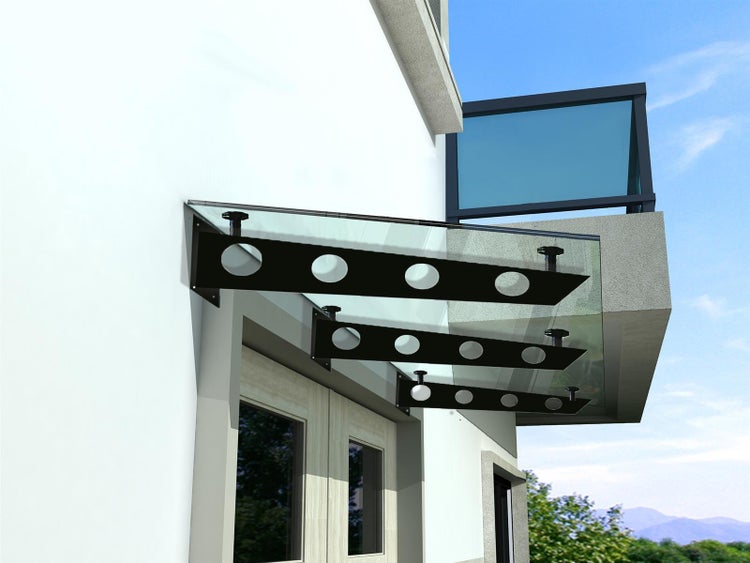 BuyLando (3S) 200x90 cm Klarglas Glasvordach inkl. Edelstahlhalter in Schwarz