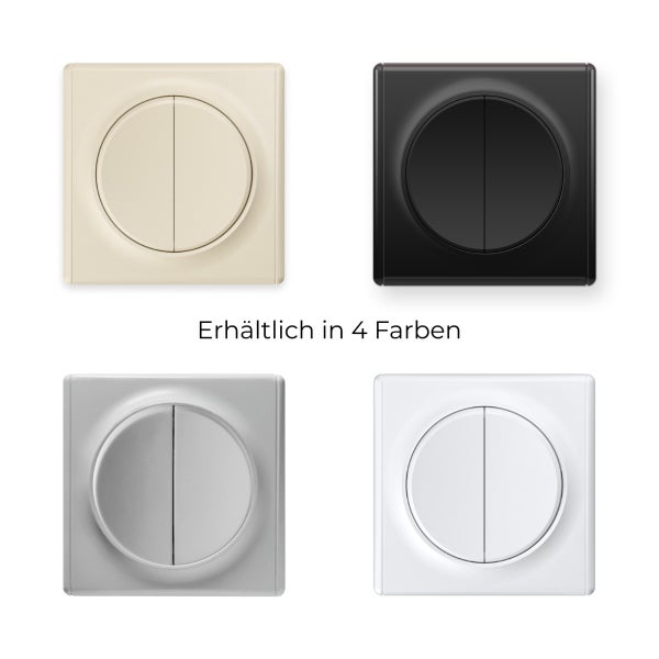 Vier Lichtschalter mit rundem Einsatz in verschiedenen Ausführungen und quadratischem Rahmen, erhältlich in vier Farben.