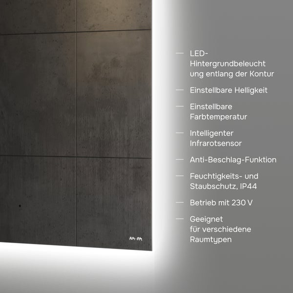 AM.PM Spiegel mit LED-Hintergrundbeleuchtung, einstellbarer Helligkeit, Farbtemperatur, Infrarotsensor, Anti-Beschlag-Funktion und Schutzart IP44.