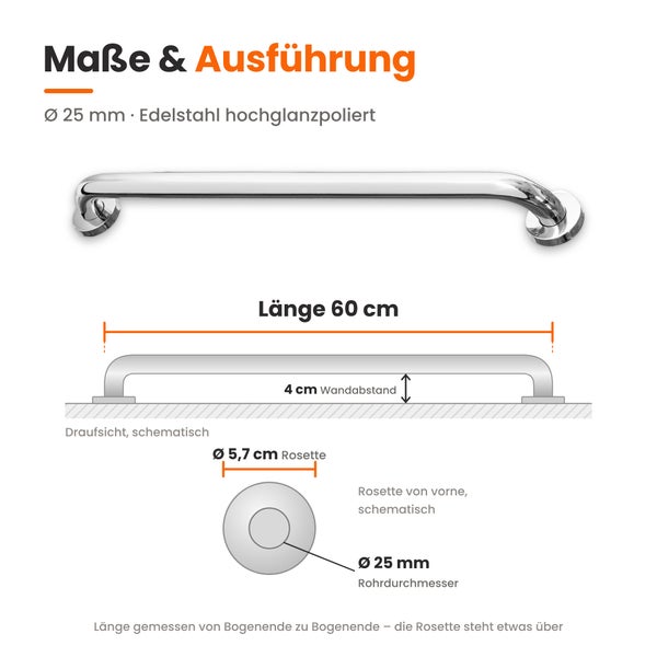 Maßzeichnung eines Edelstahl Haltegriffs mit 60 Zentimeter Länge und 25 Millimeter Rohrdurchmesser für das Badezimmer.