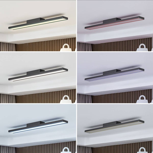 Moderne, lineare LED-Deckenleuchte in Anthrazit in sechs verschiedenen Lichteinstellungen, von Kaltweiß bis hin zu farbigem Licht.