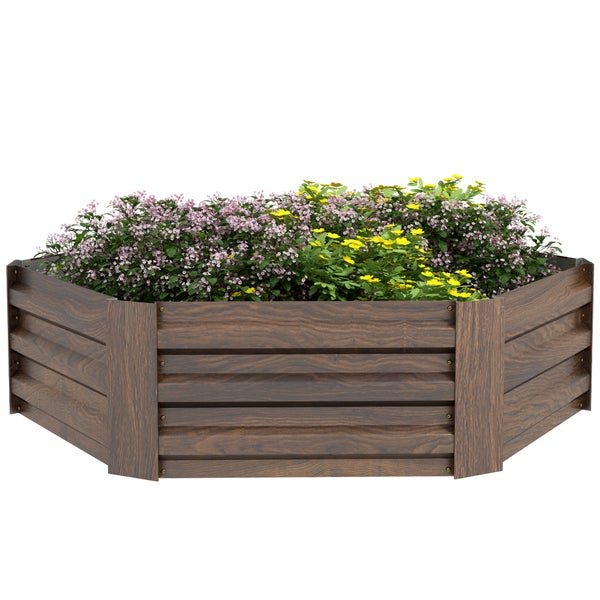 Outsunny Hochbeet aus Stahl, sechseckiger Blumenkasten mit offenem Boden, Pflanzkasten mit Holzoptik, Gemüsebeet für Balkon, Garten, Dunkelbraun, 113 x 98 x 30 cm