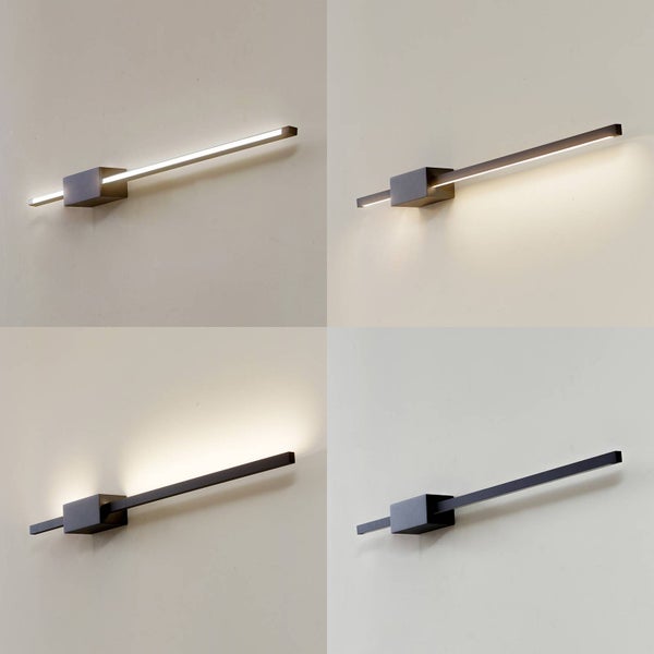 Lineare LED Wandleuchte in Schwarz, Abbildung zeigt verschiedene Lichtausrichtungen und den ausgeschalteten Zustand.