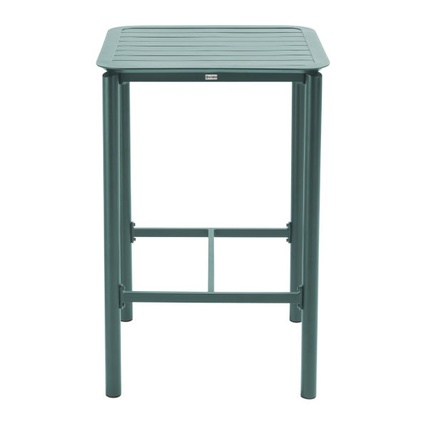 Quadratischer Stehtisch aus Metall von Oviala mit Lattenoberfläche und Fußstützen für Garten oder Balkon.