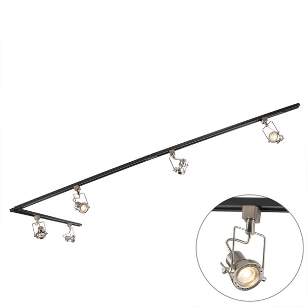 Schienensystem mit fünf verstellbaren Strahlern, schwarze Schiene, Spotlights in Nickel-Optik mit Detailansicht.