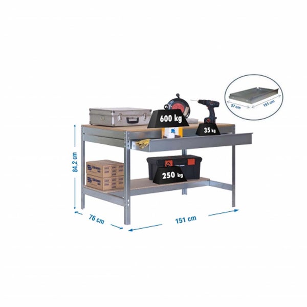 Werkbank aus Metall mit Holzplatte, 151 mal 76 mal 84,2 Zentimeter. Tragkraft 600 Kilogramm, Schublade 35 Kilogramm, Fachboden 250 Kilogramm.