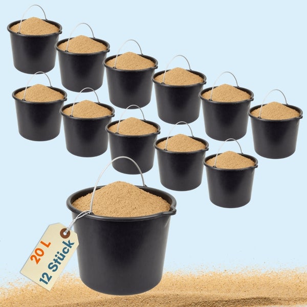 Zwölf schwarze Eimer mit Sand, je 20 Liter Fassungsvermögen