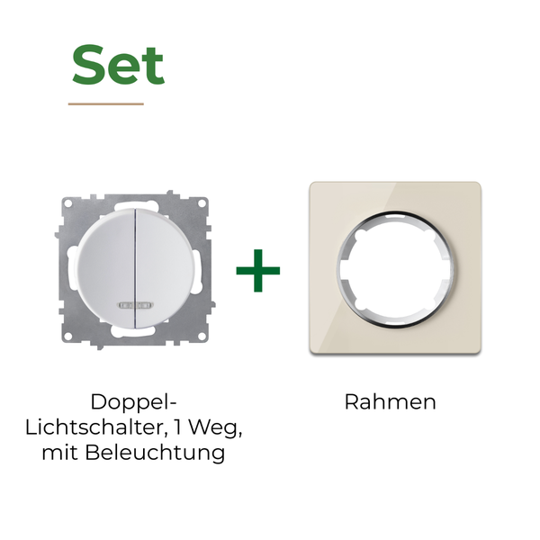 Set bestehend aus Doppellichtschalter 1 Weg mit Beleuchtung und passendem Abdeckrahmen.