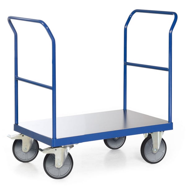 Blauer Plattformwagen mit vier Rädern und zwei Griffen