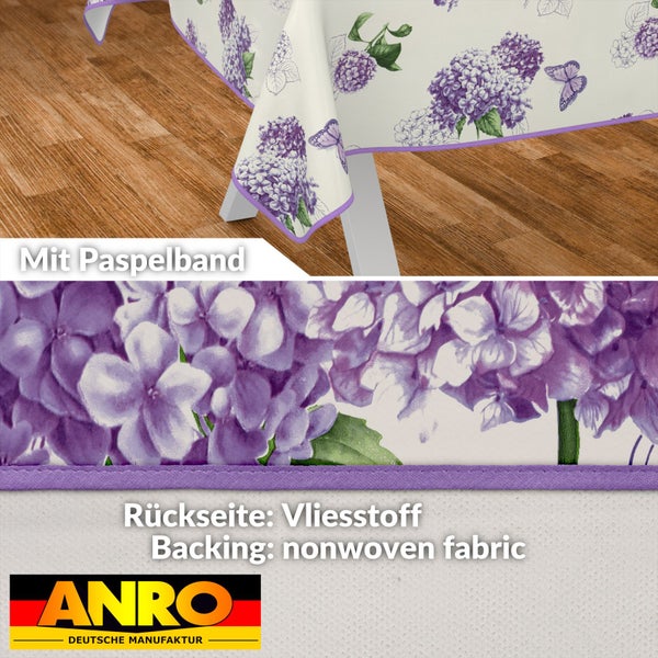 Tischdecke mit Hortensienmuster und Paspelband