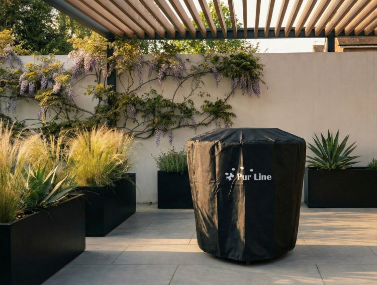 Schwarze Pur Line Schutzhülle auf einer modernen Terrasse mit großen Pflanzgefäßen und einer hölzernen Pergola.
