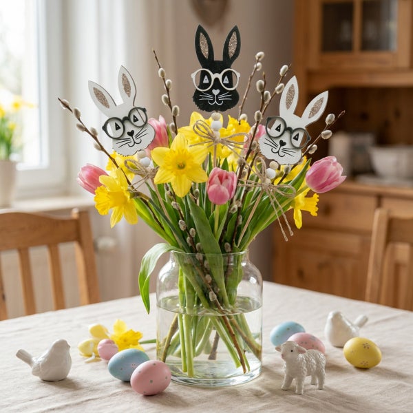 Osterstrauß mit Osterhasen Steckern, Tulpen und Narzissen in einer Glasvase auf einem Tisch mit Ostereiern und dekorativen Tierfiguren.