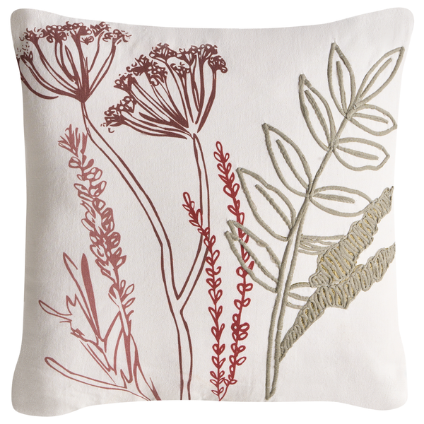 Quadratisches Zierkissen mit botanischem Stickmuster aus Blumen und Blättern.
