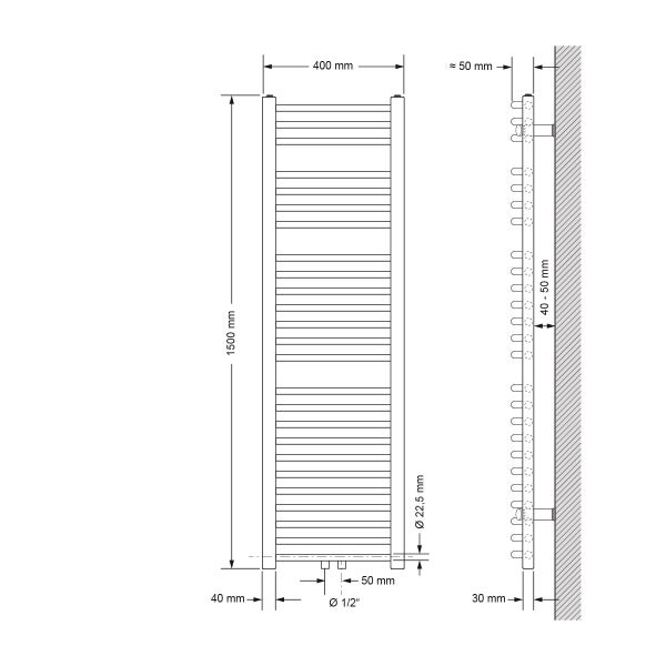 ECD Germany Badheizkörper Mittelanschluss 400 x 1500 mm Weiß gebogen mit Thermostat und Anschlussgarnitur Durchgang Boden Weiß - Heizkörper Heizung Handtuchwärmer Handtuchtrockner Handtuchheizkörper