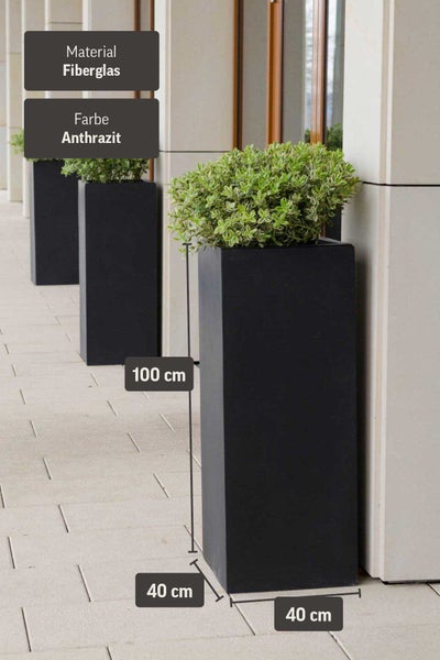 Quadratisches hohes Pflanzgefäß aus Fiberglas in Anthrazit mit den Maßen 40 mal 40 mal 100 Zentimeter in einer Reihe.