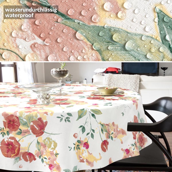 Runde Tischdecke mit floralem Muster, wasserundurchlässiges Material mit Detailansicht von Wassertropfen auf der Oberfläche.