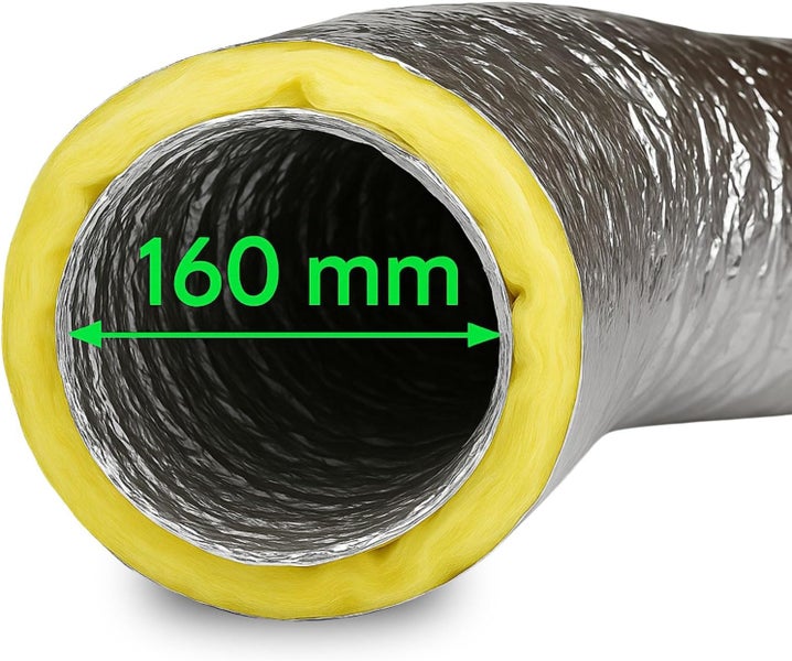 Isolierter Lüftungsschlauch aus Aluminium mit 160 Millimeter Durchmesser und gelber Isolierschicht.