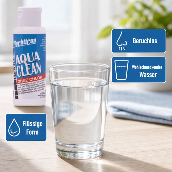Yachticon Aqua Clean Wasserdesinfektion zur Konservierung von Trinkwasser in einer Flasche neben einem Glas Wasser mit Hinweisen zu den Vorteilen