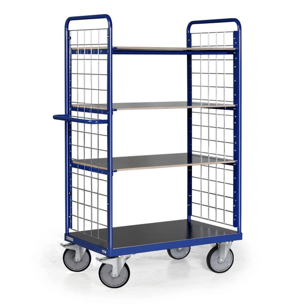 Blauer Transportwagen mit vier Ablageflächen und Rollen