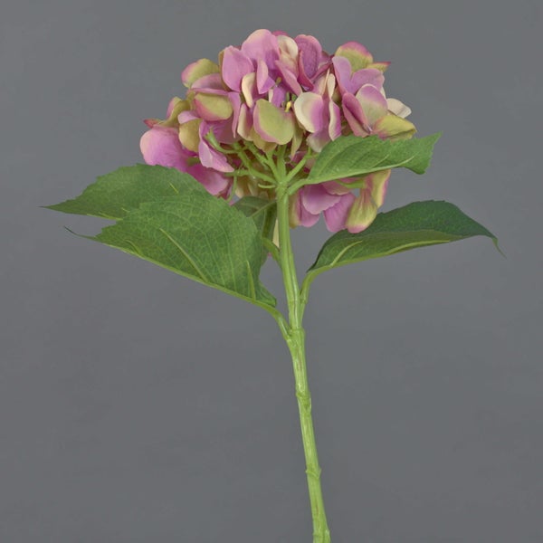 Künstliche Hortensie am Stiel mit rosa-grüner Blüte und grünen Blättern.