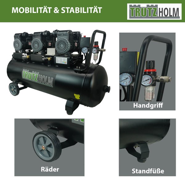 Trutzholm Druckluftkompressor mit drei Motoren, Rädern, Handgriff und Standfüßen für Mobilität und Stabilität.