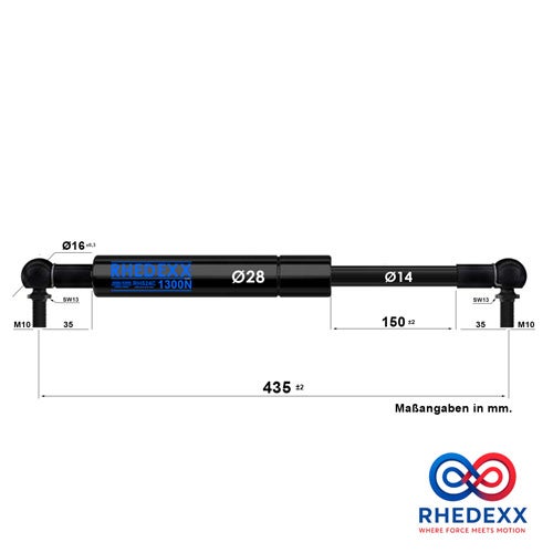 RHEDEXX Gasdruckfeder mit Maßangaben in Millimeter, 1300 Newton Kraft, Gesamtlänge 435 Millimeter und M10 Anschlüssen.