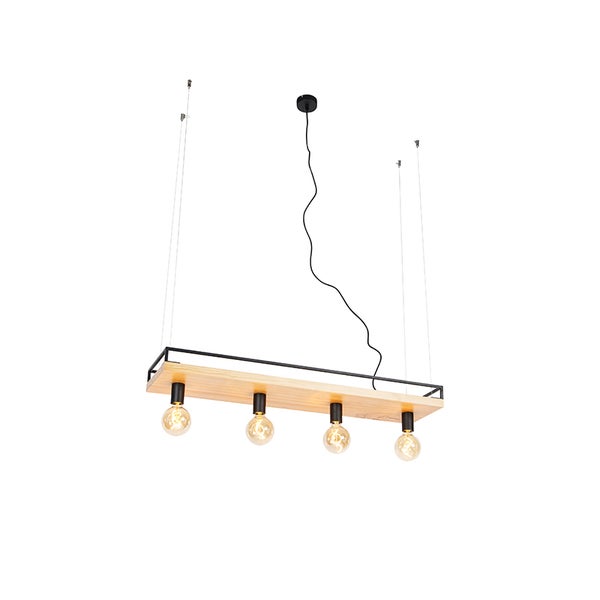 Pendelleuchte mit Holzplatte und vier Lampen
