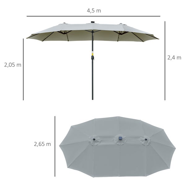 Outsunny Sonnenschirm mit LED Solar 4,5m Doppelsonnenschirm Gartenschirm Marktschirm Terrassenschirm Oval Hellgrau+Schwarz