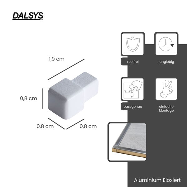 Dalsys Logo. Außenecke aus eloxiertem Aluminium für Fliesenprofile. Maße 0,8 mal 0,8 mal 1,9 Zentimeter. Rostfrei, langlebig und passgenau.