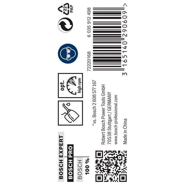 Papierverpackung Recycling Symbol, Augenschutz tragen Symbol, optimale Drehzahl Symbol, Öl nachfüllen Symbol, Bosch Experte, Bosch Pro, Hergestellt in China