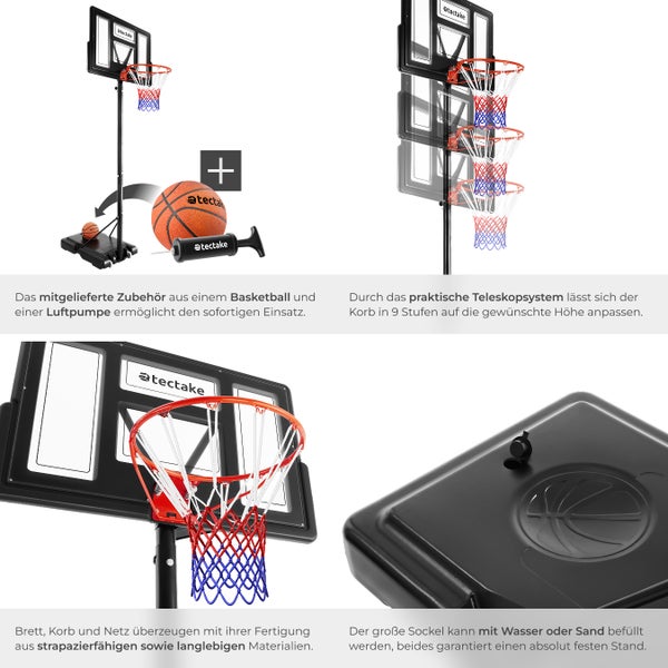 Basketballkorb mit höhenverstellbarem Teleskopsystem, Basketball und Luftpumpe