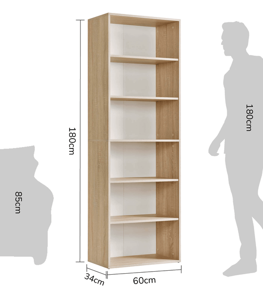 Bücherregal in Eichenoptik mit sechs Fächern, Maße 180 Zentimeter hoch, 60 Zentimeter breit, 34 Zentimeter tief.