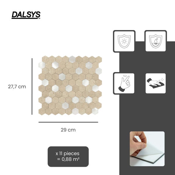 Dalsys Logo. Hexagon-Mosaikfliesen, selbstklebend, 27,7 mal 29 Zentimeter. 11 Stück entsprechen 0,88 Quadratmeter. UV-beständig und wasserfest.