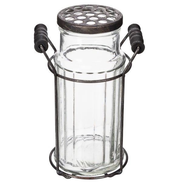 Glasvase im Metalldrahtgestell mit Holzgriffen und perforiertem Deckel, Vintage-Stil.