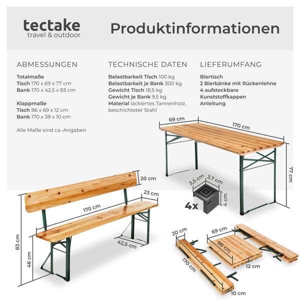 tectake travel und outdoor Logo. Infografik für Bierzeltgarnitur aus Tannenholz und Stahl mit Abmessungen, Belastbarkeit und Lieferumfang.