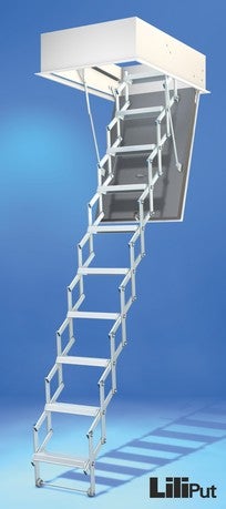 Ausgezogene Scherentreppe aus Metall mit Lukenkasten