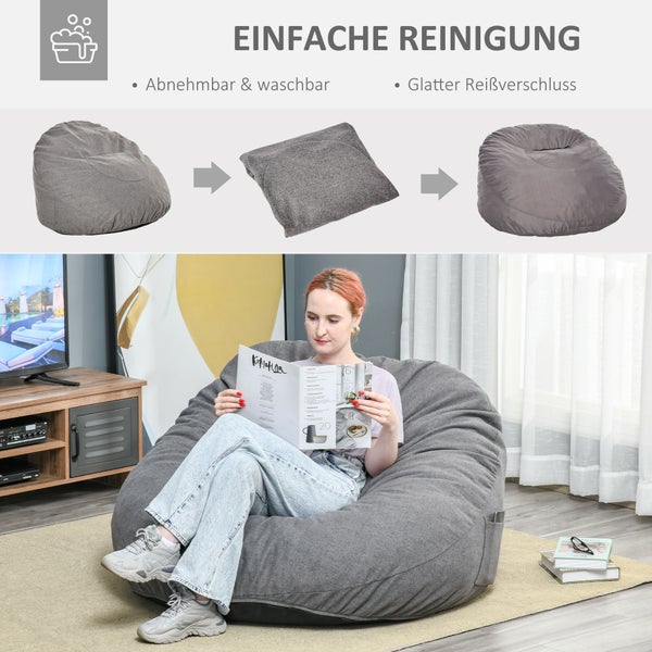 HOMCOM Sitzsack aufblasbares Sofa Bodensessel Sitzkissen gepolstert mit 2 Seitentaschen waschbar für Wohnzimmer Liege Schlafzimmer Polyester-Gewebe Schaumstoff-Füllung Dunkelgrau Ø115x71 cm