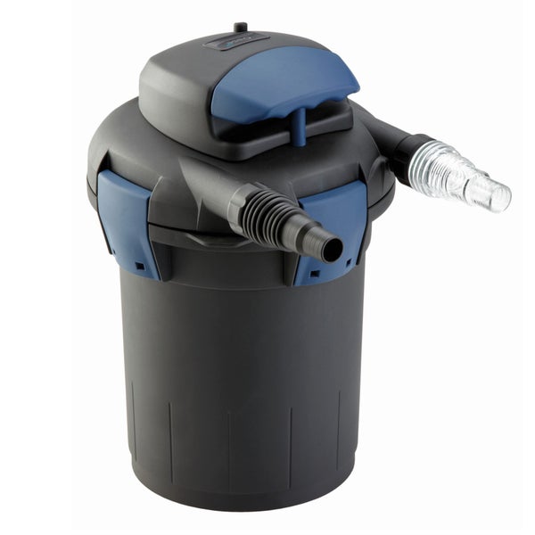 Oase Druckfilter FiltoClear für den Gartenteich mit Kunststoffgehäuse und Schlauchanschlüssen.