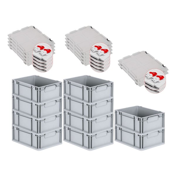 PROREGAL Spar Set 10x Eurobox Nextgen Economy Mit Scharnierdeckel & Roten Schiebeschnappverschlüsse Griffe Geschlossen HxBxT 17 x 30 x 40 cm 16 Liter