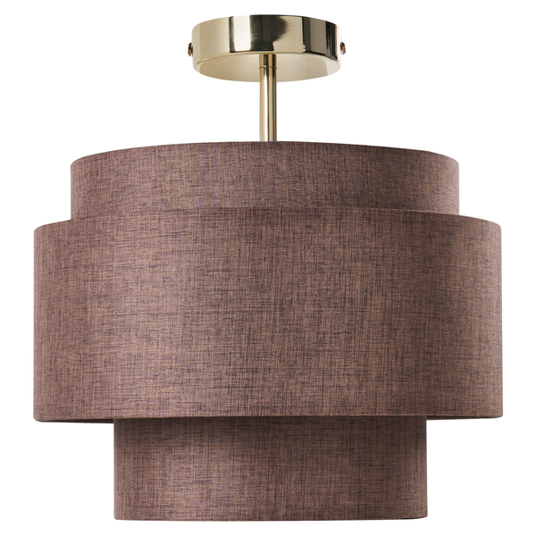 Deckenleuchte mit dreistufigem Textilschirm in Braun und goldfarbener Halterung aus Metall.
