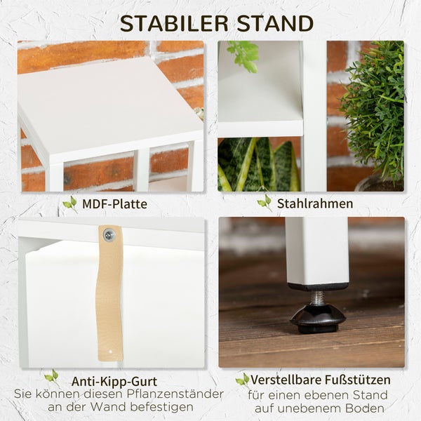Detailansichten eines Pflanzenständers mit MDF-Platte, Stahlrahmen, Anti-Kipp-Gurt zur Wandmontage und verstellbaren Füßen für einen stabilen Stand.