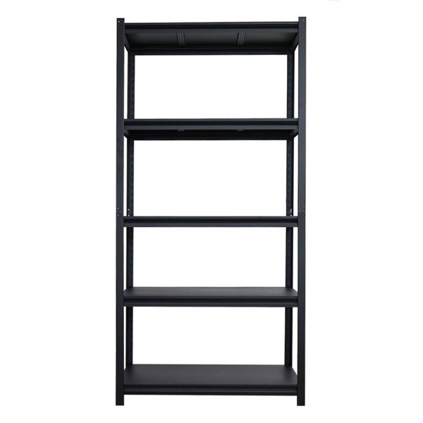 Schwarzes Metallregal mit fünf Ablagen zur Aufbewahrung.