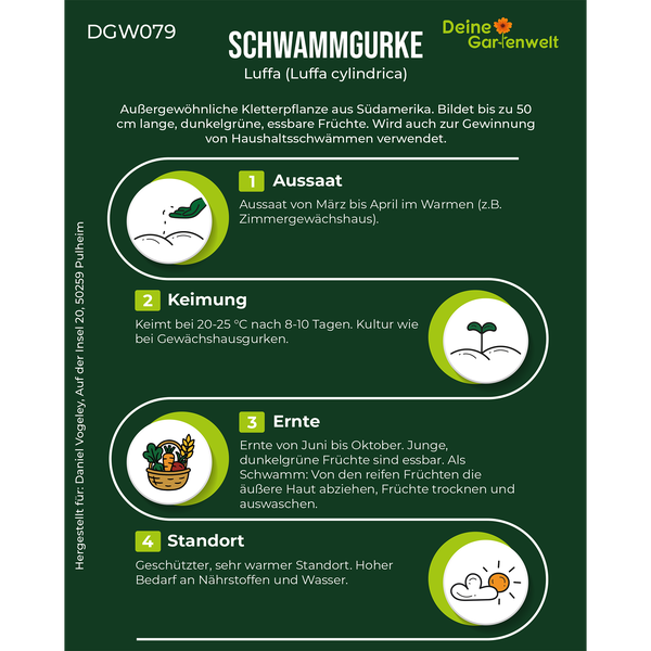 Infografik zur Schwammgurke Luffa cylindrica mit Details zu Aussaat, Keimung bei 20 bis 25 Grad Celsius, Ernte und Standort. Deine Gartenwelt Logo.